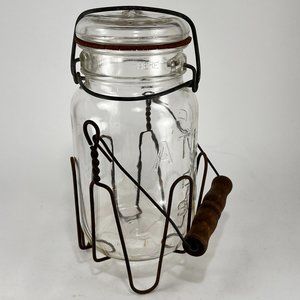 Vtg Hazel Atlas E Z Seal Mason Jar Glass Lid Wire Rack Carry Basket Farmhouse